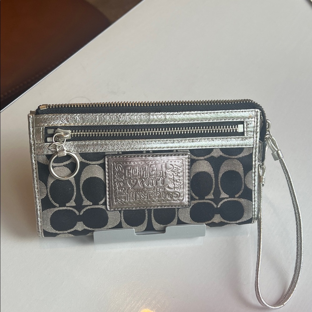 Coach Poppy Black and Silver Signature Wristlet